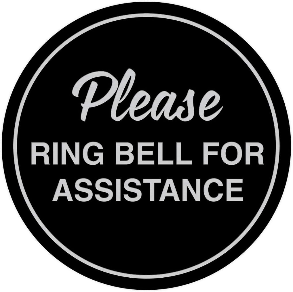 Signs ByLITA Circle Please Ring Bell For Assistance Wall or Door Sign | Easy Installation | Front Desk Reception Sign (Black/Silver) - Medium (1 Pack)
