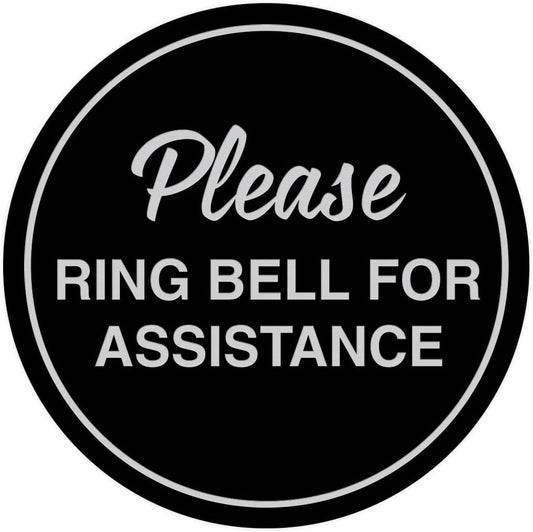 Signs ByLITA Circle Please Ring Bell For Assistance Wall or Door Sign | Easy Installation | Front Desk Reception Sign (Black/Silver) - X-large (5 Pack)
