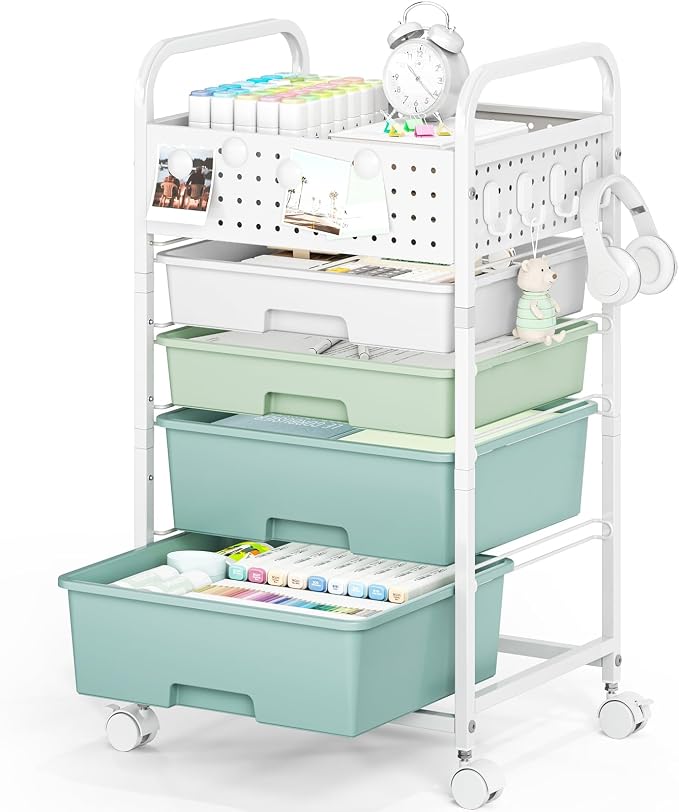 4 Drawer Rolling Storage Cart with Pegboard Top and Hooks, Gradient Green | Mobile Organizer Cart with Wheels for Office Supplies, Craft Storage, Classroom Organization, Home Utility Cart
