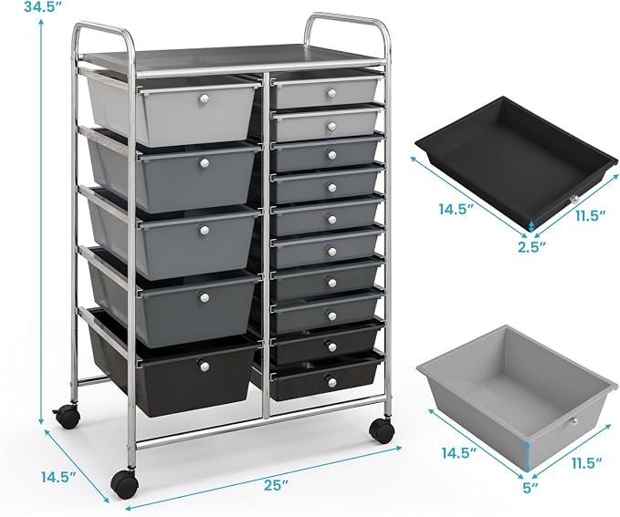 GLACER 15 Drawers Rolling Storage Cart, Steel Frame Craft Organizer Cart | Utility Cart w/Lockable Wheels & Sleek Handle, Mobile Art & Tool Supply Trolley for Teacher, Home, School, Office (Grey)