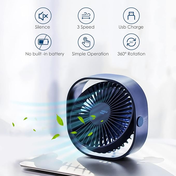 Simpeak Small USB Fan Small Quiet Portable USB Powered ONLY (No Battery), Cooling 3 Speed Setting 360° Adjustable Swivel Desktop Personal Fan for Home Office Bedroom Outdoor Travel Summer, Blue