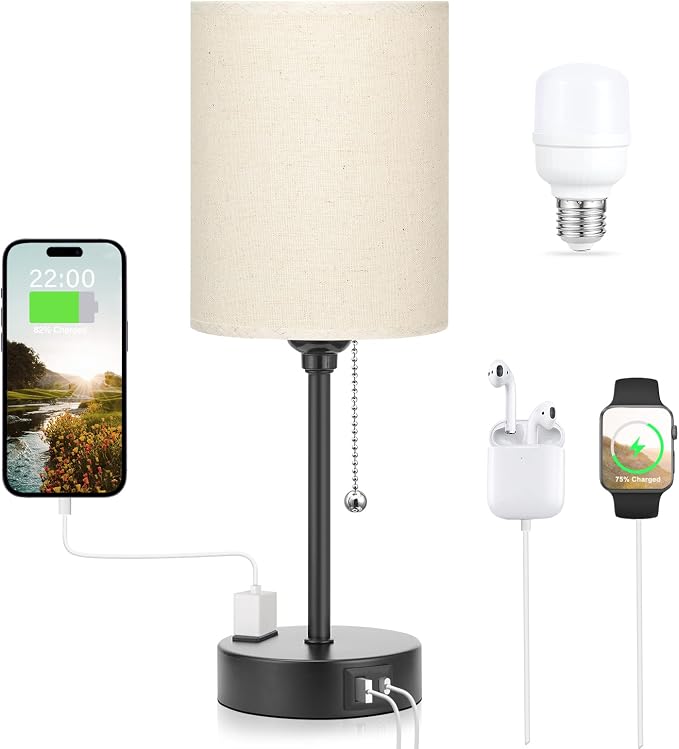 Small Bedside Table Lamp for Bedroom - Desk Lamp with USB Ports for Dorm | USB A+C Ports, AC Outlet, 3 Color Temperatures, LED Bulb Included, Beige Fabric Shade, Matte Black Base