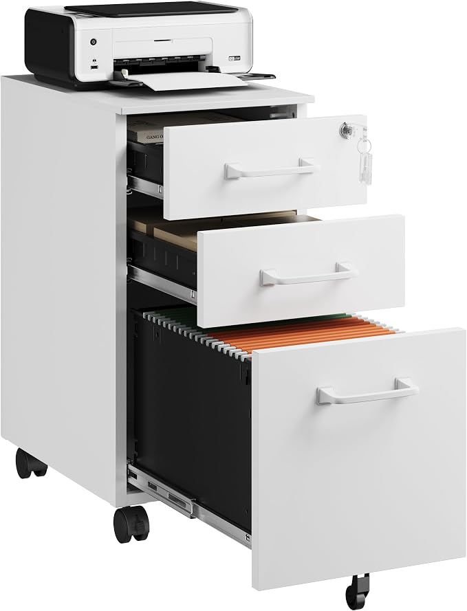 3 Drawer Mobile File Cabinet with Lock,Under Desk Metal Filing Cabinets for Home Office Organizer,Small Rolling Printer Stand with Wheels,for Letters/Legal/A4(Assembly Required) (White)
