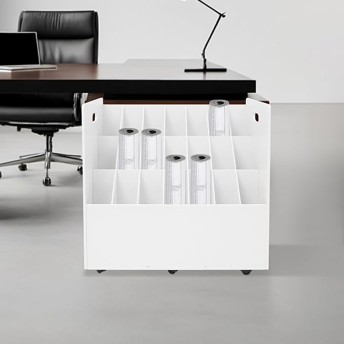 Blue Print Storage Organizer with Wheels, 21 Slots Roll Files Cart, White | Mobile Blueprint Storage Rack Cart, Construction Plan Holder, Map Poster Storage Cabinet for Office Home School
