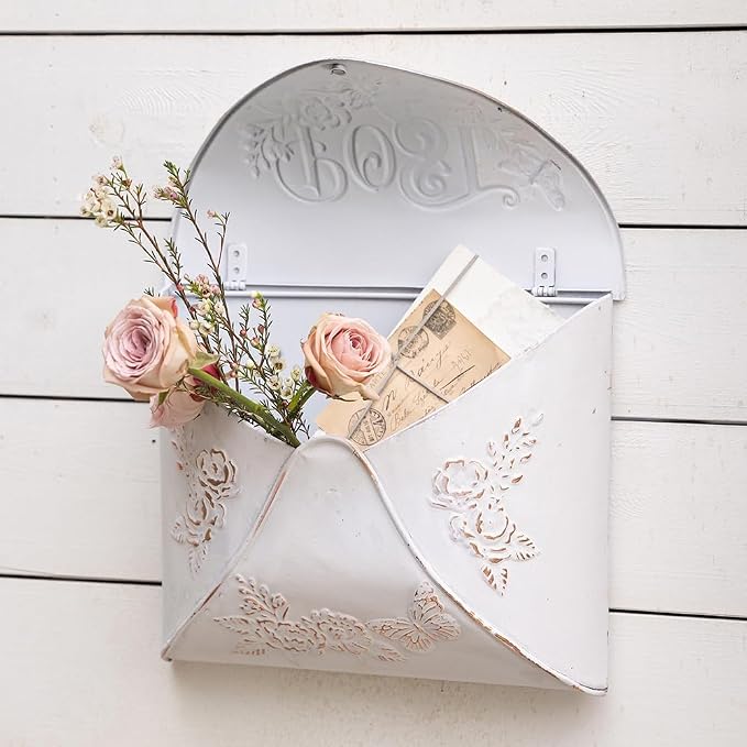 Wall Mount Mailbox for House Outside,5" D x 13.8" W x 11.4" H,Vintage Metal Door Mailbox Antique Style Nostalgic Charm Home Decor Garden Vintage English Cottage Decor(White)
