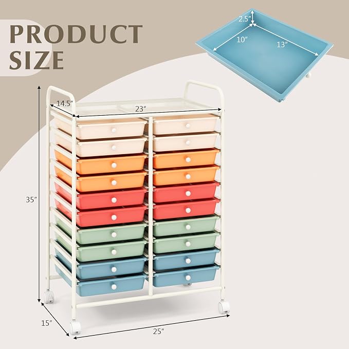RELAX4LIFE 20 Drawer Rolling Storage Cart, Mobile Rolling Cart w/Drawers for School Classroom Teacher Office Home Salon, Paper File Art Supply Craft Organizer, Utility Cart on Wheels (Macaron)