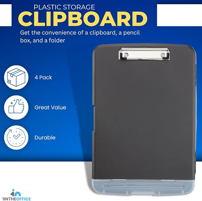 1InTheOffice Clipboard with Storage Box, Plastic Storage Clipboard, Black 4 Pack
