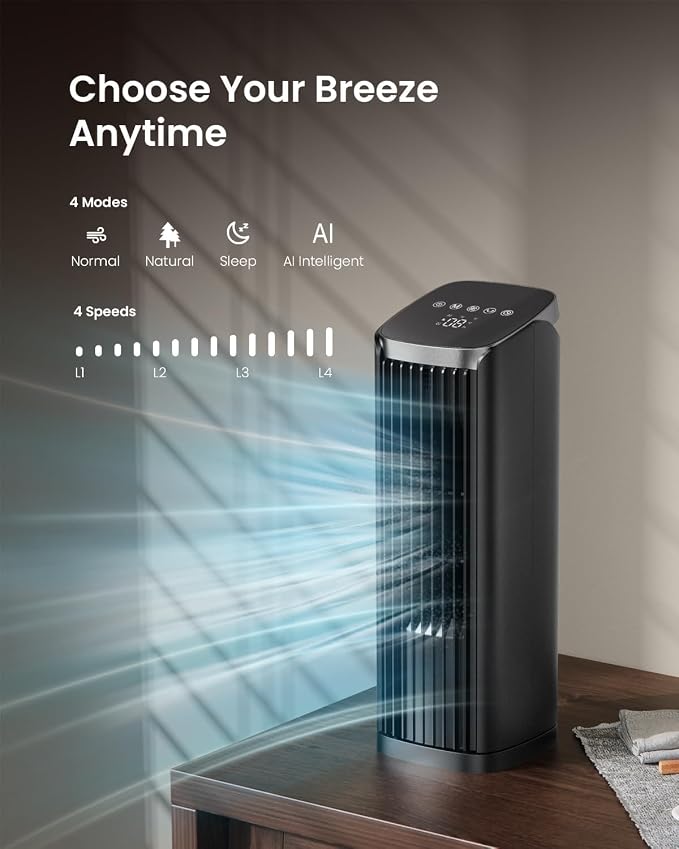 PNTCK 13" Tower Fan for Bedroom, Portable Desk Fan with 4 Speeds, 4 Modes | Quiet Cooling Fan with Remote, 12H Timer, 70° Oscillating Fans Bladeless Table fan for Room Office Home