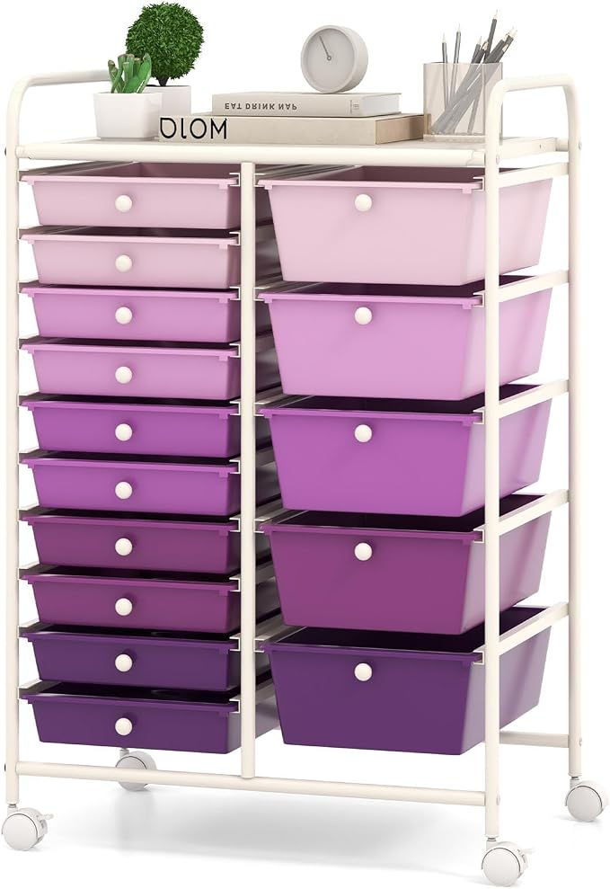 COSTWAY 15 Drawer Rolling Storage Cart, Mobile Storage Organizer | Removable Drawers & Metal Frame, Multipurpose Utility Tools Paper Organizer on Wheels for Home, Office (Purple Gradient)