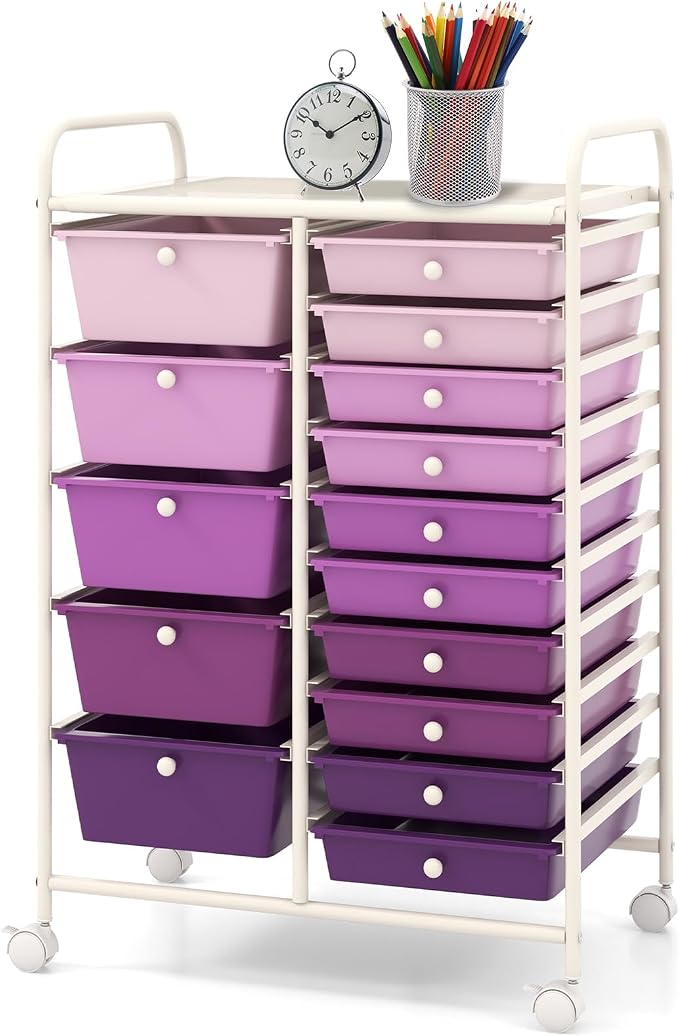 BECOMFORT 15-Drawer Rolling Cart with Drawers, Storage Cart on Wheels, Teacher Classroom Organizers with Metal Frame, Mobile Craft Cart for Tools, Trolley Utility Cart for School Office Play Room