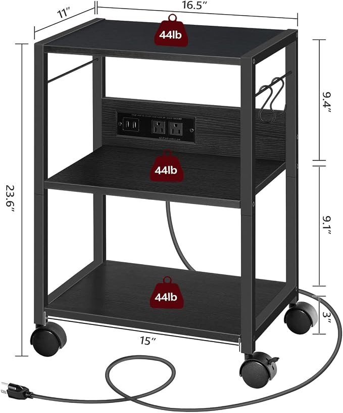 MAHANCRIS Industrial Printer Cart, 3-Tier Mobile Printer Stand, Rolling Cart with Power Outlets and USB Ports, Home Printer Stand with 2 Hooks, for Office, Living Room, Black PTHB40E01