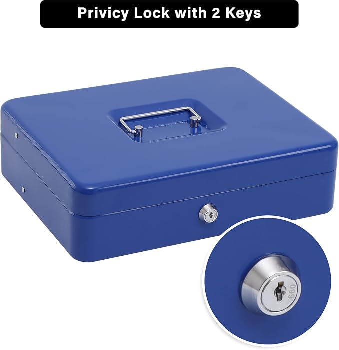 xydled Metal Cash Box, Cash Box with Money Tray and Key Lock, Storage Box, Blue,4 Bill / 5 Coin Slots,11.8" x 9.5" x 3.5",Blue