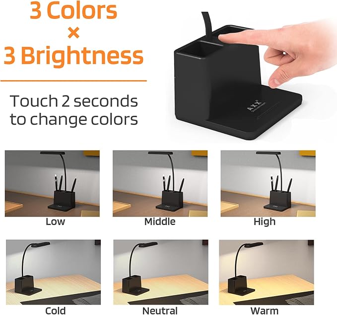 Black LED Desk Lamp, Battery Operated Small Table Light for Dorm Room | Rechargeable, Battery-Powered, Cute, Dimmable, Gooseneck, Pen Holder, Touch Control, for Home Office Bedroom Desktop