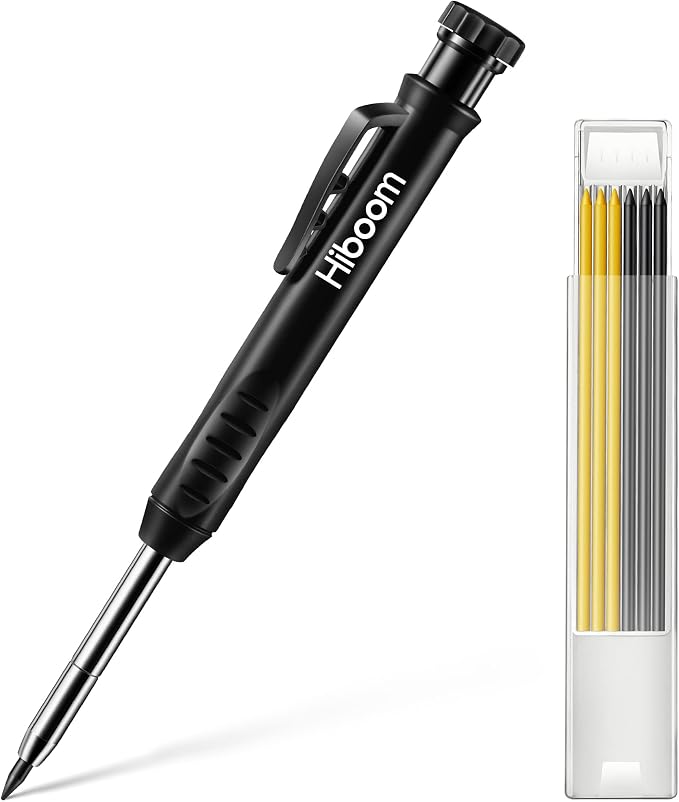 Hiboom Mechanical Carpenter Pencil with 7 Leads, Deep Hole Marker, Black | Built-In Sharpener, Long Nose Construction Pencil, Pocket Clip Design, Woodworking Tools, Marks on Various Surfaces