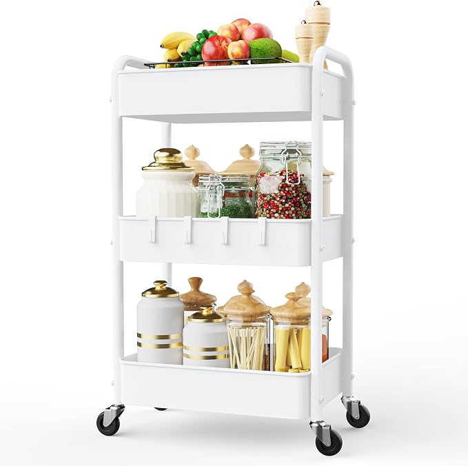 LEHOM 3 Tier Rolling Cart, Metal Rolling Utility Cart with Lockable Wheels | Multi-Functional Heavy Duty Storage Cart Organizer for Bathroom, Kitchen, Office, Living Room, Rolling Storage Trolley