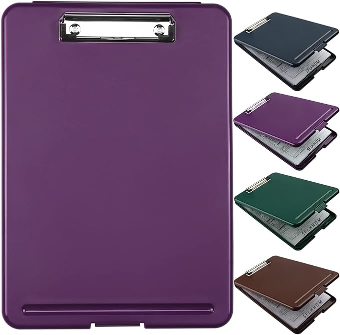 A4 Clipboards, Folder Clipboard with Storage, Folio Plastic Clipboard with Low Profile Clip, File Binder Clipboard Case, Waterproof Nursing Clipboards Foldable Case for Office Work (Dark Gray-Purple)