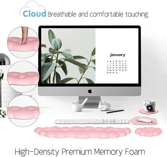4 in 1 Ergonomic Leather Cloud Wrist Rest Keyboard and Mouse Pad & Coaster | Full 4-Piece Set, Non-Slip PU Base, Soft Memory Foam Comfort For Long Work/Gaming Hours, Cute Desk Decor, Easy To Clean