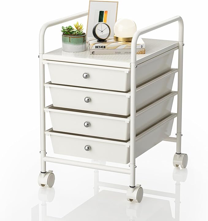4-Tier Utility Cart with 4 Drawers, Rolling Utility Cart with 2 Lockable Caster Wheels, Multipurpose Mobile Rolling Drawer Cart for Office Bathroom Kitchen, Ivory White
