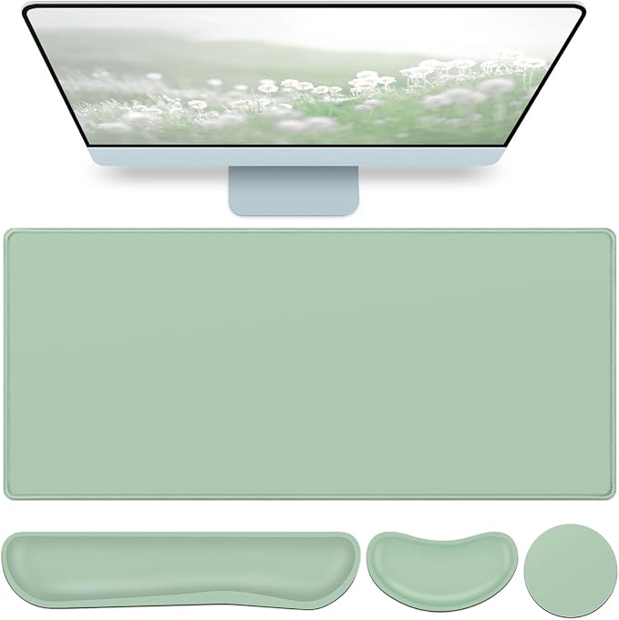 Desk Mat Green, Large Gaming Mouse Pad with Wrist Rest, 4in1 XXL | Mousepad+Keyboard Wrist Rest+Mouse Pad Wrist Support+Cup Coaster Set Ergonomic Computer Desk Arm Wrist for Decor