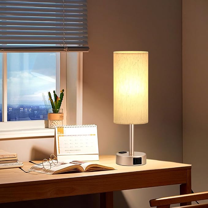 Bedside Table Lamp for Bedroom - 3 Way Dimmable Touch Lamp USB C Charging Ports and AC Outlet, Small Lamp Gold Base Round Flaxen Fabric Shade for Living Room, Desk, LED Bulb Included