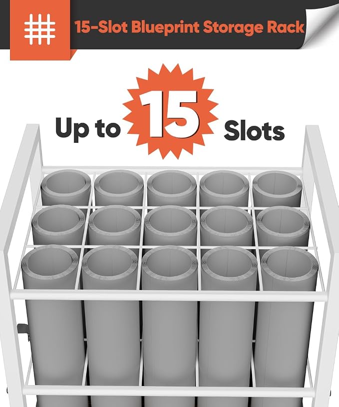Blueprint Storage Rack Cart, 15 Slots Metal Rolling File Holder with Wheels & Adjustable Pads, Mobile Gift Wrapping Paper Organizer for Maps/Posters/Architectural Construction Plans, White