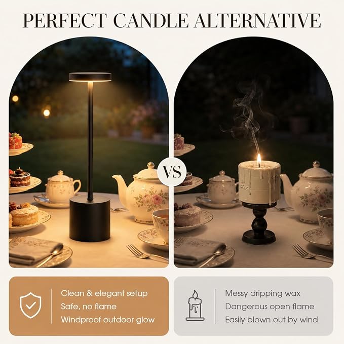 AUDLES Cordless Table Lamp, 5000mAh Rechargeable Lamp with Touch Control & Stepless Dimming, 3 Light Modes, IP54 Waterproof Portable Light for Dining Table, Patio, Bathroom, Power Outage (Black)