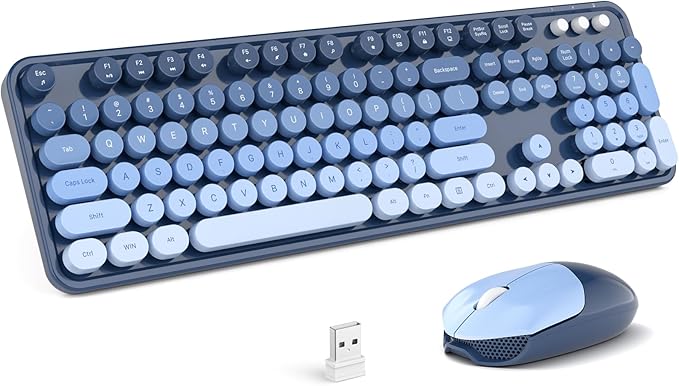 MOFII Wireless Keyboard and Mouse Combo, Full Size 2.4G Plug and Play Typewriter Retro Round Computer Keyboard and Mouse Set for Windows, Computer, Desktop, PC, Notebook - (Sea Blue Gradient)