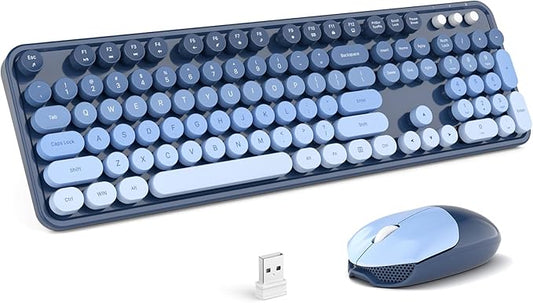 MOFII Wireless Keyboard and Mouse Combo, Full Size 2.4G Plug and Play Typewriter Retro Round Computer Keyboard and Mouse Set for Windows, Computer, Desktop, PC, Notebook - (Sea Blue Gradient)