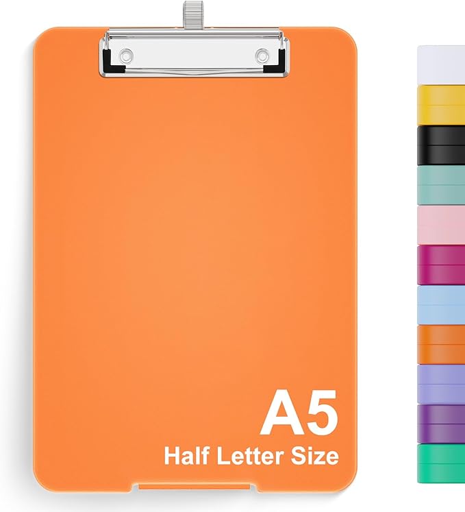 Hongri A5 Clipboard with Storage, Metal Retractable Pen Holder, Orange | 6 x 9'' Nursing Plastic Foldable Clip Board, Size 9.4 x 6.1 x 0.9 in, Menu Box for Work, Office & School Supplies