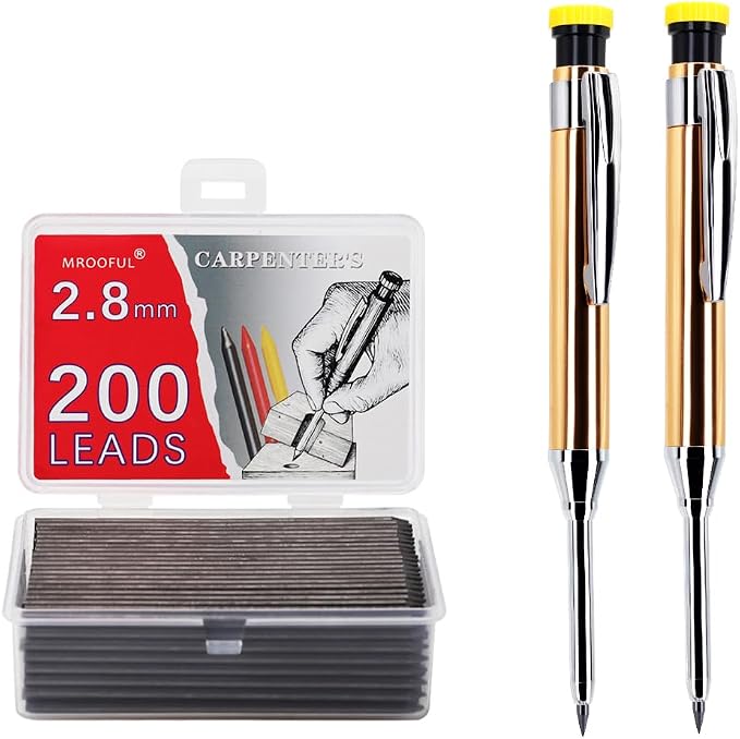 2.8mm Metal Carpenter Marking Pencils 2 Pack with 200 Refill Leads, Built-in Sharpener Tool Pencil for Woodworking, Deep Hole and Jobsite Marking, DIY, Cabinetry and Carpentry Projects (Gold)