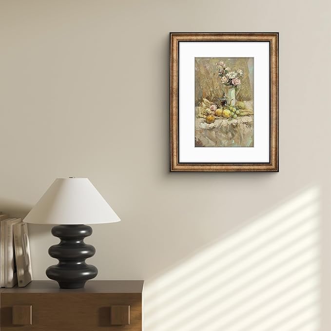Golden State Art, 12x16 Black Trim Gold Frame - White Mat for 8x12 Photo - Vintage Antique Style - Brushed Texture Finish - Wall Mounting - Portrait/Landscape - Tempered Glass