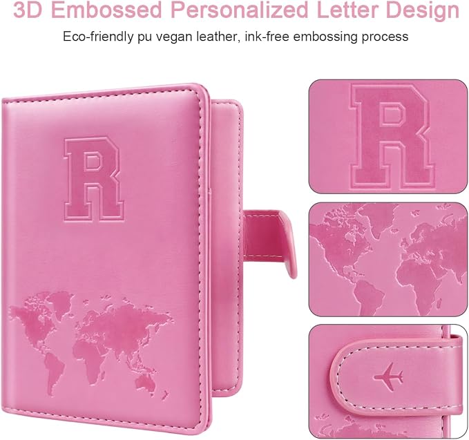 Passport Holder Cover Initial Letter A-Z Travel Wallet Personalized | Travel Essentials, Embossed Design, RFID Blocking, Personalized Gift, Passport Book Holders for Women Girls, Pink-R