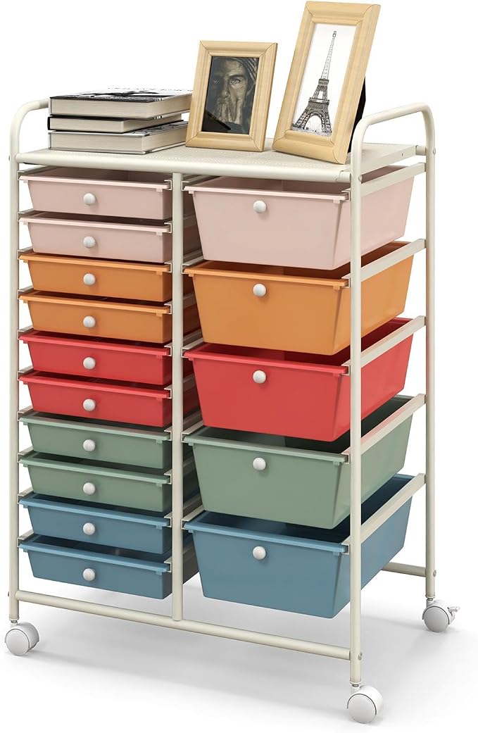 GLACER 15 Drawers Rolling Storage Cart, Steel Frame Craft Organizer Cart | Utility Cart w/Lockable Wheels & Sleek Handle, Mobile Art & Tool Supply Trolley for Teacher, Home, School, Office (Colorful)