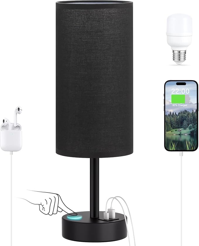 Dicoool Bedside Table Lamp for Bedroom - 3-Way Dimmable Touch Lamp, USB A+C | LED Bulb Included, 14" Small Nightstand Lamp for Desk, Living Room, Guest Room, Black Fabric Lampshade, Black Metal Base
