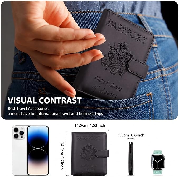 Passport Holder with Air-Tag Slot RFID Blocking Leather Travel Wallet | Multiple Card Compartments, SIM Card Access, Compact Carry Design, Flight Ready Essentials for Men & Women, Black