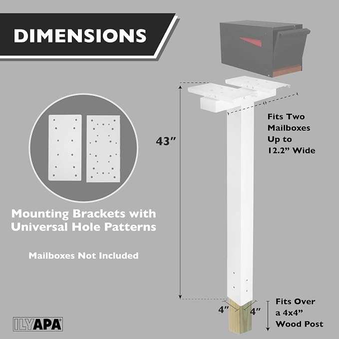 Ilyapa Double Mailbox Post for Outside - 43x4x4 inch White Metal Dual Mailboxes Post for Outside with Universal Mounting Bracket Plate for 2 Mailboxes
