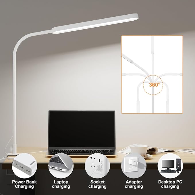 Led Desk Lamp - 33.5" Desk Light - Flexible Gooseneck - 5 Color Modes X 11 Brightness Levels - 1300LM - Timmer & Memory Function - 12W Clip on Light - White