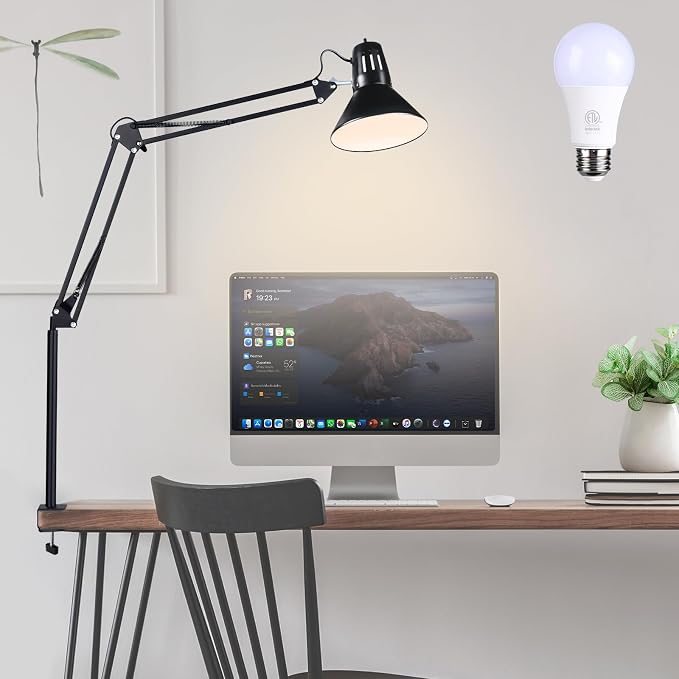 Swing Arm Desk Lamp for Home Office 360°Adjustable | Tall Metal Clamp on lamp with Bulb,Eye-Caring Clip on Desk Light for Computer Work Study Reading and Drafting
