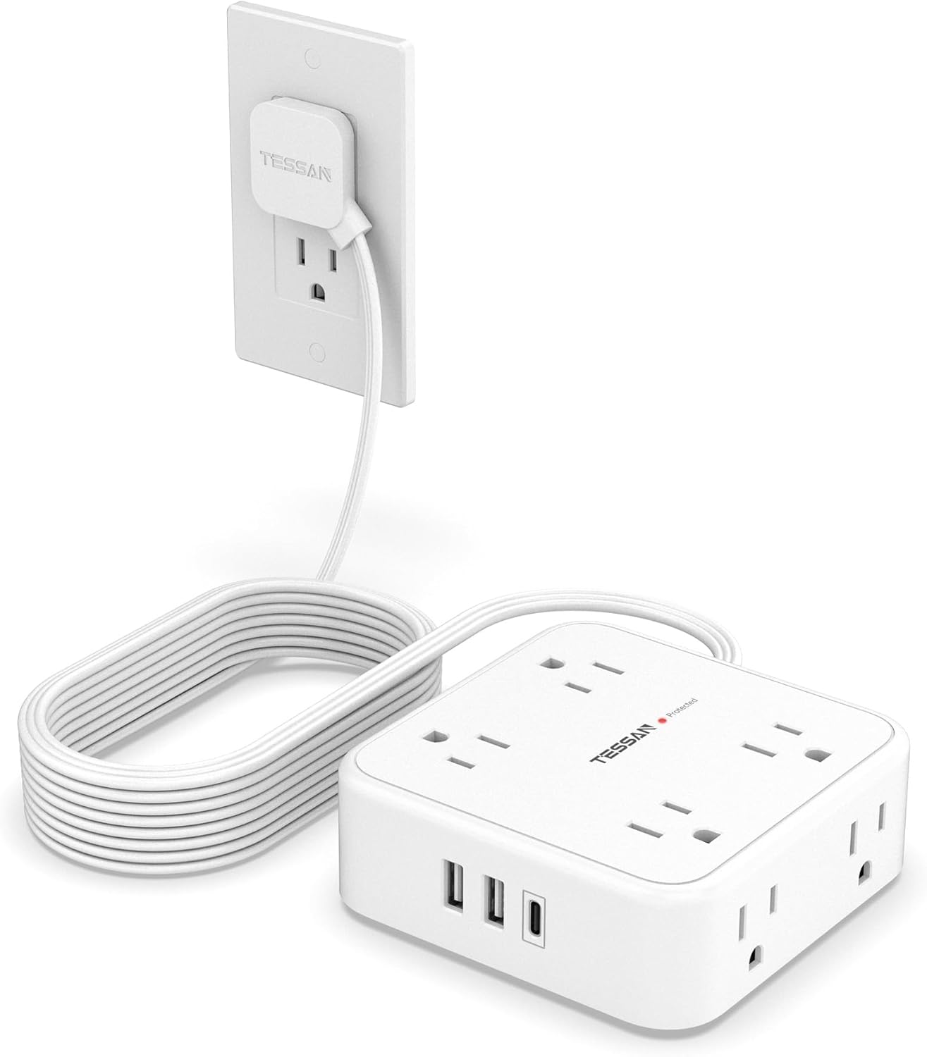 Surge Protector Power Strip, TESSAN 15 FT White Extension Cord Flat Plug with 8 AC Outlets 3 USB Ports (1 USB C), 900J Surge Protection, 3 Sided Wall Mountable Outlet Extender for Office Dorm Room