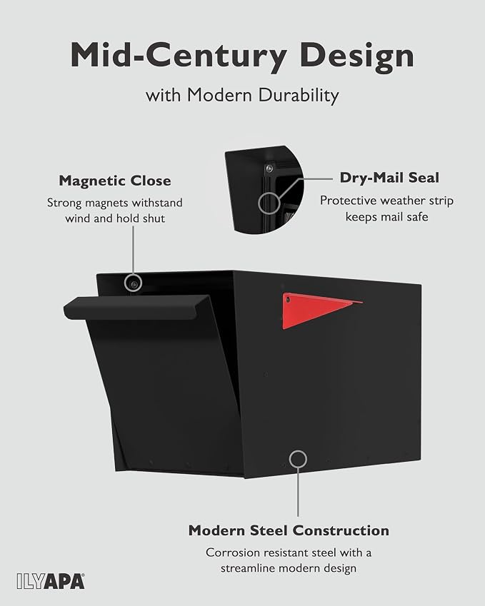 Ilyapa Modern Mailbox for Post Mount - Black with Black Door Heavy Duty Powder Coated Steel, Waterproof Letter Box for Curbside Parcels, Corrosion Resistant with Recessed Magnetic Close Door, Large