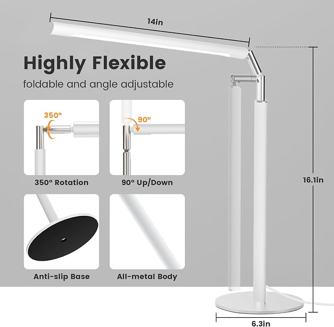 White LED Desk Lamp, 16" Dimmable Metal Desk Light with Base, 15W 1200LM, Adapter Included, Color & Brightness Adjustable, Modern Tall Table Lamp for Home Office Reading Study Task Laptop