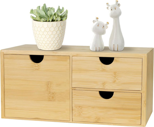 Bamboo Desk Organizer, Desktop Organizer with 3 Drawer, Tabletop Storage Organization Box for Bills, Countertop, Home Office Supplies