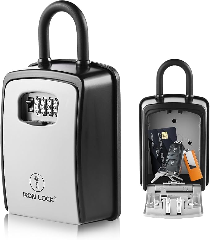 Iron Lock® XXL Portable Key Lock Box, U-Shackle 4-Digit Code (XXL, Grey) | Holds 20-30 keys plus fobs, cards & remotes; unique built-in tray; weather resistant; wall-mount hardware included