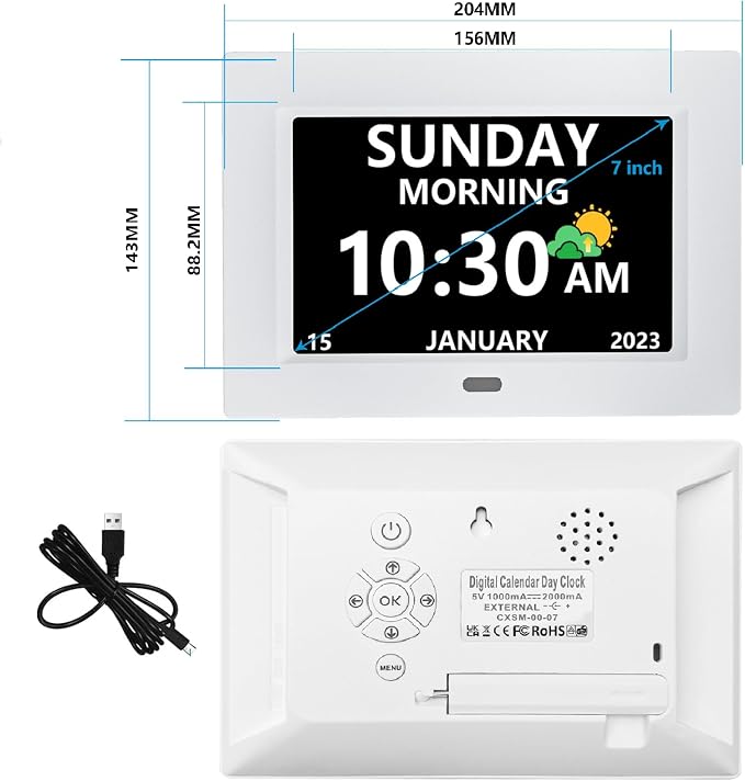 MRCHYDZ 7 Inch Clock with Day and Date for Elderly Large Display Digital Clocks 12 Alarm 3 Display Modes Large Font Alzheimer's Clock Alarm Clocks for Seniors Auto DST White