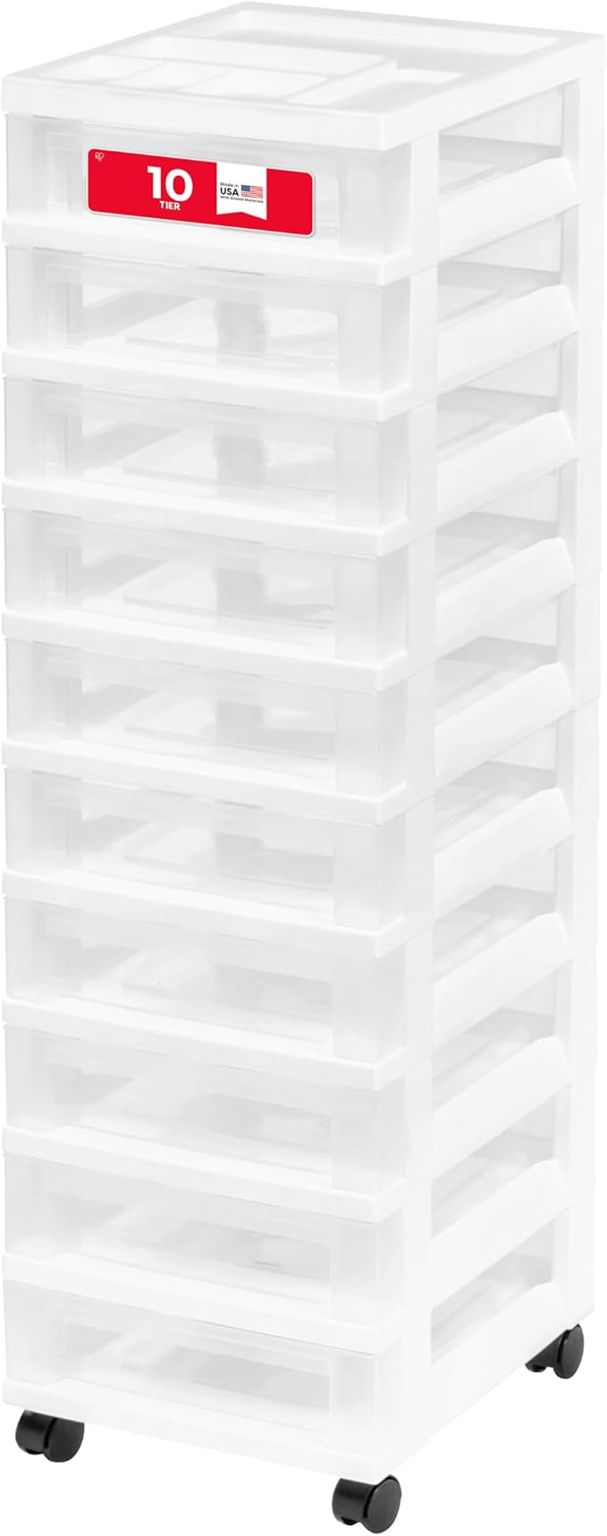 IRIS USA 10-Drawer Rolling Storage Cart, White/Clear | Keep classroom supplies, teacher essentials, craft materials, and learning tools organized with easy-access drawers.