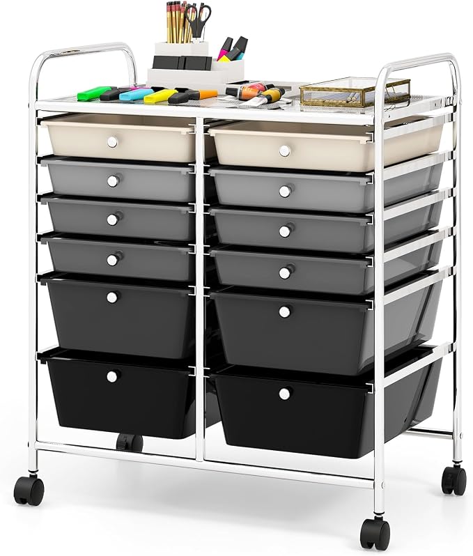 BECOMFORT 12-Drawer Rolling Cart with Drawers, Storage Cart on Wheels, Teacher Classroom Organizers with Metal Frame, Mobile Craft Cart, Trolley Utility Cart for School Office Play Room