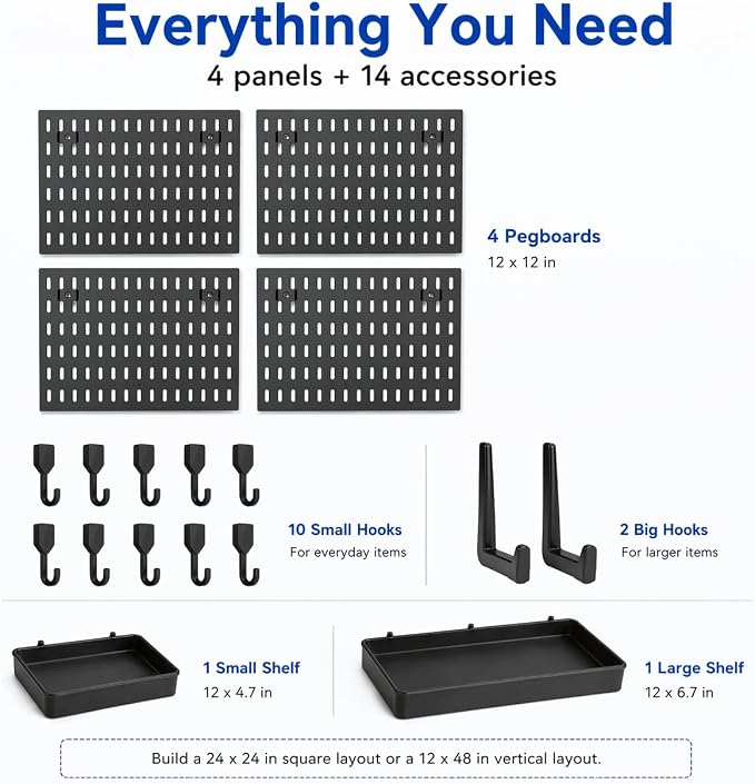 Pegboard Wall Organizer Kit – Heavy Duty 20lbs Load Bearing, Easy Installation, 4 Peg Board Panels 14 Accessories – Multi-Surface Use For Garage, Office, Kitchen & Crafts (Black Pegboard,24″×24″) | 24 x 24 Inch Modular Peg Board Panels with 14 Accessor...