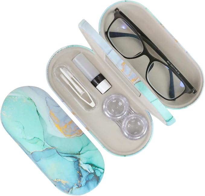 2 in 1 Contact Lens Case and Eyeglasses Case for Women Men Kids, Double Sided Hard Shell Portable Glasses Travel Holder with Built-in Mirror, Contact Lens Box (Green Marble)