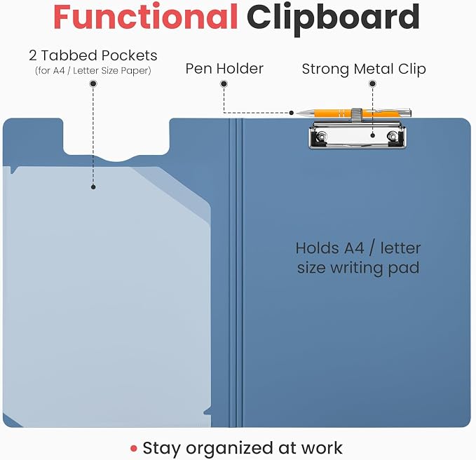 Sooez Foldable Clipboard Folder, A4 Folding Clip Board with Pen Loop 8.5x11 | 2 Tabbed Pockets, 360° Portfolio, Binder Clipboards with Low-Profile Metal Clip, Folio Storage for Nursing, School & Office