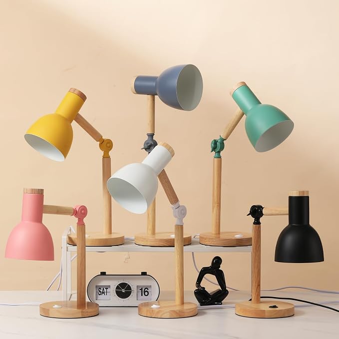 Adjustable Wooden Arm Desk Lamp, Metal Shade Table Lamp | Dorm Lamp,Bedside Lamp,Reading Lamp,Lamp for Home Office